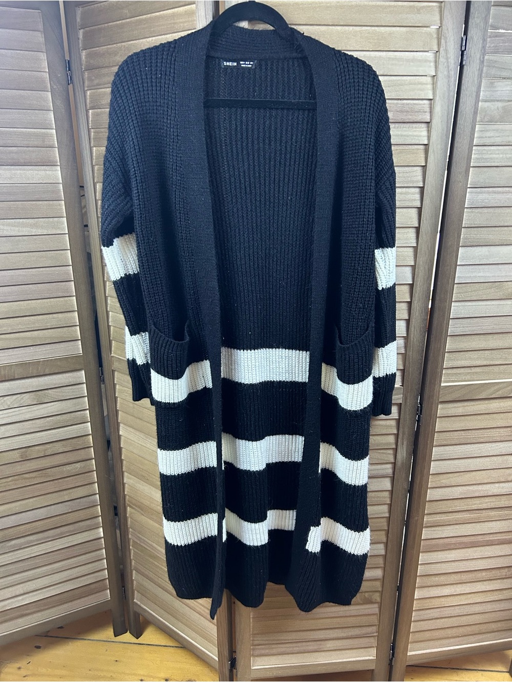 SHEIN Black White Striped Long Open Cardigan Duster Sweater Pockets Size M